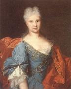 Portrait of a lady,half-length,wearing a blue embroidered dress with a scarlet mantle